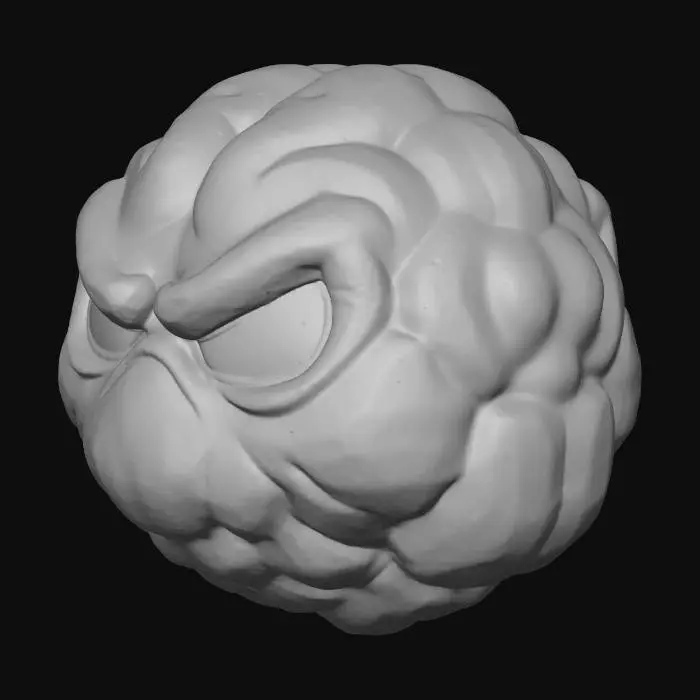 3D model for a stylized anthropomorphic brain character, cartoon logo style, thick outlines, expressive angry eyes, puffed brain folds like clouds, strong shadows and highlights, monochromatic purple-gray palette, centered composition, flat background, vector illustration, esports logo design, bold and clean shapes