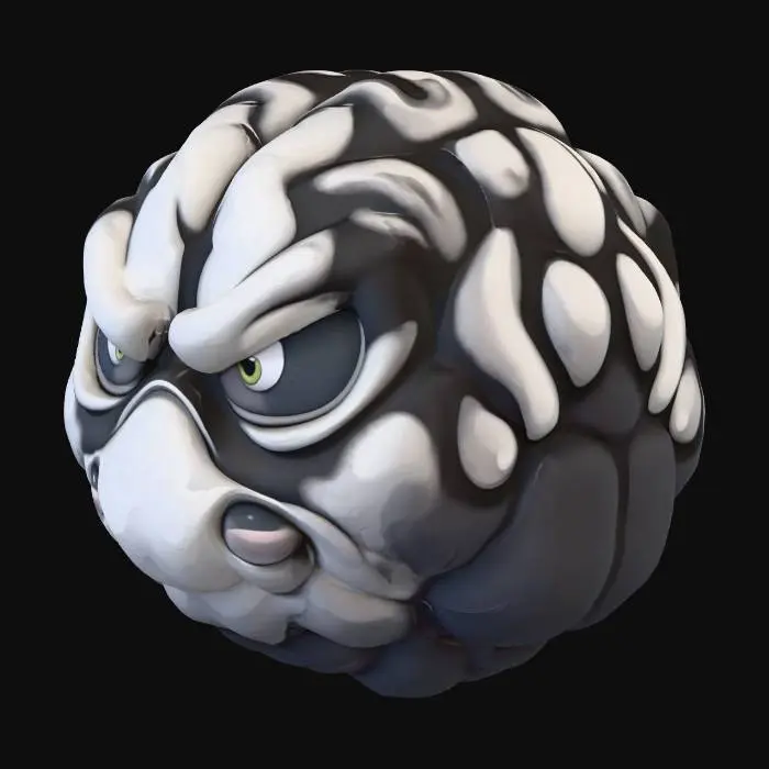 3D model for a stylized anthropomorphic brain character, cartoon logo style, thick outlines, expressive angry eyes, puffed brain folds like clouds, strong shadows and highlights, monochromatic purple-gray palette, centered composition, flat background, vector illustration, esports logo design, bold and clean shapes