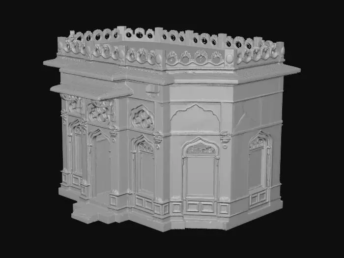 3D model for High-quality modular game asset, [upload your building mockup]. A traditional Jaipur-style corner shop, pink sandstone architecture, arched 'Jharokha' windows, weathered stone texture. Low-poly, clean topology for web, optimized for Three.js. Standard front-view, white background, no text.
