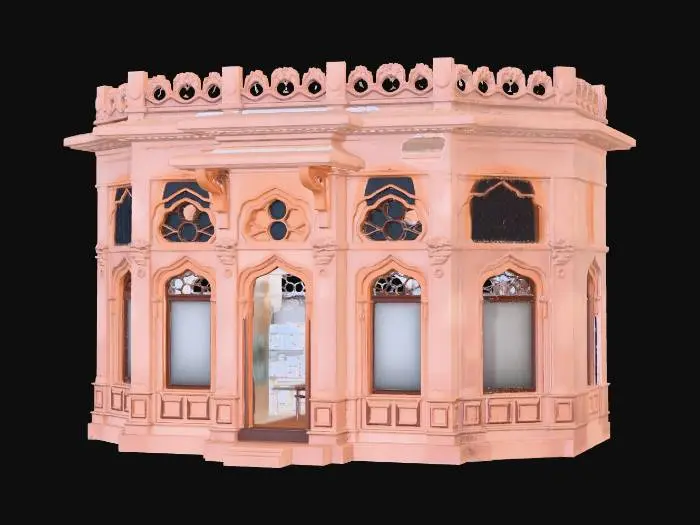 3D model for High-quality modular game asset, [upload your building mockup]. A traditional Jaipur-style corner shop, pink sandstone architecture, arched 'Jharokha' windows, weathered stone texture. Low-poly, clean topology for web, optimized for Three.js. Standard front-view, white background, no text.