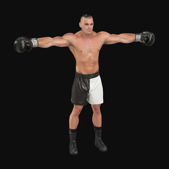 3D model for A male boxer of average height, presented with an athletic build, featuring a neat buzz cut. He stands rigidly in a classic T-pose, his arms outstretched. He wears smooth, slightly padded black boxing gloves on his hands, made from a durable, matte-finished leather. His shorts are designed with a combination of crisp white and deep black fabric, likely a lightweight, breathable material with a subtle weave texture. The skin is smooth and realistic, highlighting his physical condition. He wears basic boxing shoes and socks