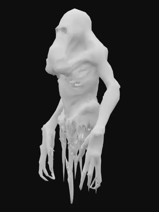 3D model for Grotesque sea-horror humanoid creature inspired by deep sea abyss, similar to 'The Dredge' from Dead by Daylight. Deformed, asymmetrical body with dripping black sludge, skeletal limbs, barnacle-covered skin, glowing abyssal eyes, and long twitching fingers. Lacking clear face structure, constantly shifting body mass. Designed for horror survival game. Stylized realistic with dark underwater tones, dripping wet textures, and subtle bioluminescent elements.
