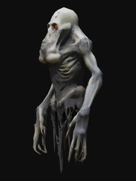 3D model for Grotesque sea-horror humanoid creature inspired by deep sea abyss, similar to 'The Dredge' from Dead by Daylight. Deformed, asymmetrical body with dripping black sludge, skeletal limbs, barnacle-covered skin, glowing abyssal eyes, and long twitching fingers. Lacking clear face structure, constantly shifting body mass. Designed for horror survival game. Stylized realistic with dark underwater tones, dripping wet textures, and subtle bioluminescent elements.
