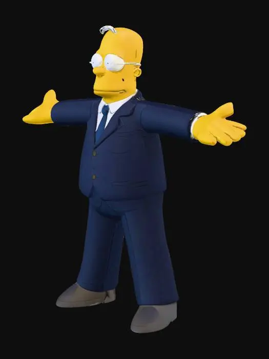3D model for Kent Brockman from The Simpsons — tall, thin, bald head with slight receding hairline, sharp nose, large ears, always wearing a dark blue suit with white shirt and red tie, expression permanently serious, slightly smug smile, pale skin, black eyes with small pupils, long neck, narrow shoulders. Style: exaggerated cartoon proportions like The Simpsons — big head, small body, flat shading, no realistic textures