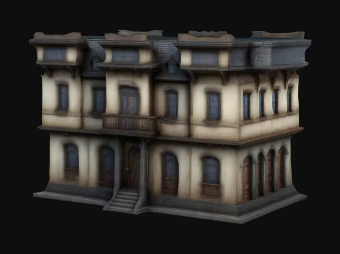 3D model for A fantasy Town House in a large city. Highly stylized. Ensure all walls and features are at least 1.5mm thick. Include bold, recessed features with a depth of at least 1mm. Maintain sharp, clean lines with no unnecessary fine or jagged edges. Design embossed features to rise at least 1mm above the surface. Recess etched details at least 1mm deep for clarity.