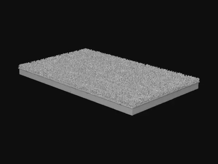 3D model for A Rectangular, Low Poly patch of ground terrain twice as long as it is wide. The ground has patches of muted green grass and small stones.