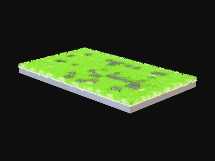 3D model for A Rectangular, Low Poly patch of ground terrain twice as long as it is wide. The ground has patches of muted green grass and small stones.