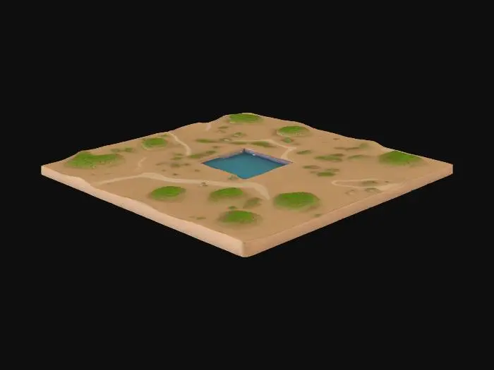 3D model for A Rectangular, Low Poly patch of ground terrain twice as long as it is wide with a pool of water.