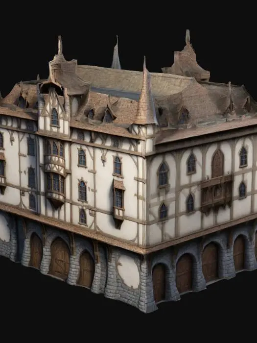 3D model for A fantasy Medieval Town Hall in a large city. Highly stylized. Ensure all walls and features are at least 1.5mm thick. Include bold, recessed features with a depth of at least 1mm. Maintain sharp, clean lines with no unnecessary fine or jagged edges. Design embossed features to rise at least 1mm above the surface. Recess etched details at least 1mm deep for clarity.