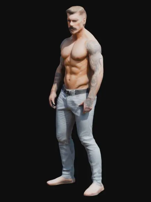3D model for Hirsute Slim Muscular Masculine Man with tattoos in the style of Tom of Finland with slim well defined upper body but less wearing tight trousers in a sexy pose. 