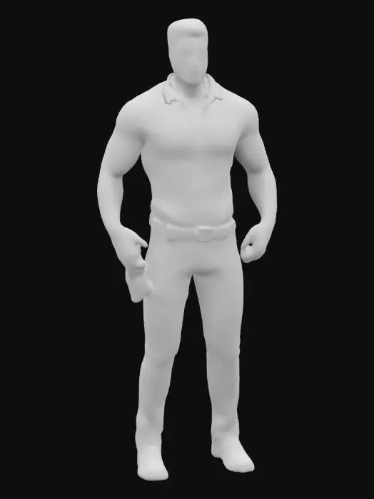 3D model for Hirsute Dark Haired Muscular Masculine Policeman wearing a skintight short sleeved uniform in the style of Tom of Finland with large well defined upper body but less muscular lower body wearing tight trousers in a sexy pose. 