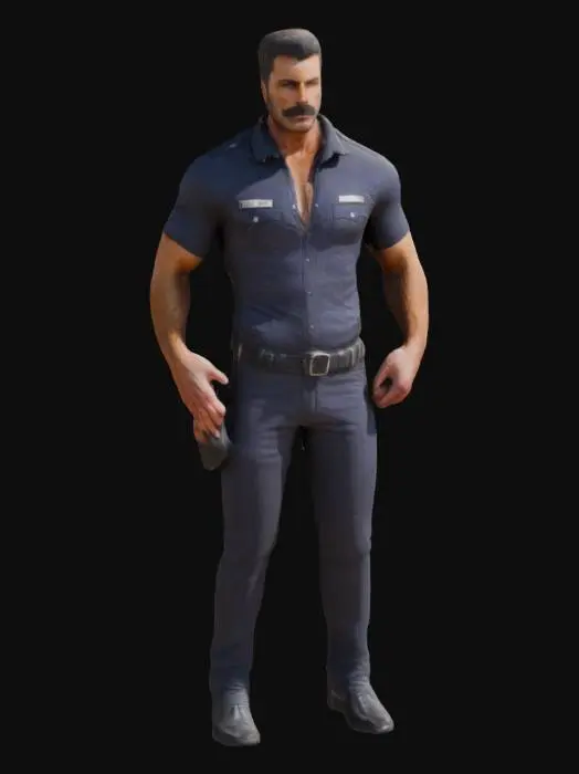 3D model for Hirsute Dark Haired Muscular Masculine Policeman wearing a skintight short sleeved uniform in the style of Tom of Finland with large well defined upper body but less muscular lower body wearing tight trousers in a sexy pose. 
