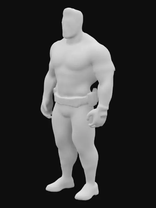 3D model for Hirsute Dark Haired Muscular Masculine Policeman wearing a skintight short sleeved uniform in the style of Tom of Finland with large well defined upper body but less muscular lower body wearing tight trousers in a sexy pose. 
