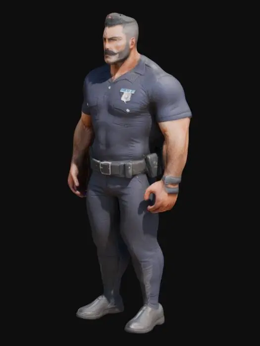3D model for Hirsute Dark Haired Muscular Masculine Policeman wearing a skintight short sleeved uniform in the style of Tom of Finland with large well defined upper body but less muscular lower body wearing tight trousers in a sexy pose. 