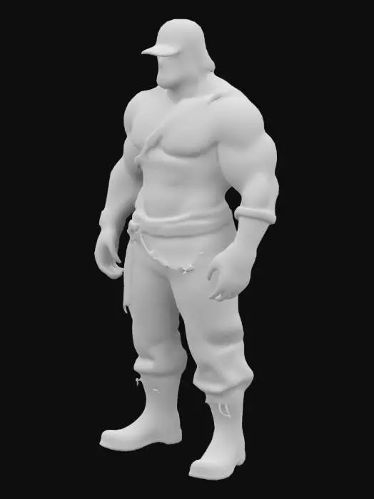 3D model for Hirsute Dark Haired Muscular Masculine Leather Man wearing Leather cap and a chain leather harness in the style of Tom of Finland with large well defined upper body but less muscular lower body wearing tight trousers in a sexy pose. 