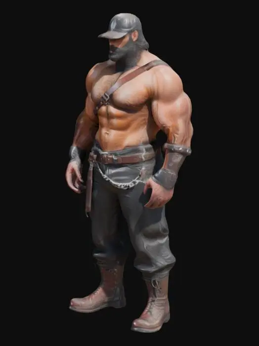 3D model for Hirsute Dark Haired Muscular Masculine Leather Man wearing Leather cap and a chain leather harness in the style of Tom of Finland with large well defined upper body but less muscular lower body wearing tight trousers in a sexy pose. 