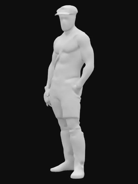 3D model for Hirsute Dark Haired Muscular Masculine Leather Man wearing Leather cap and a chain leather harness in the style of Tom of Finland with large well defined upper body but less muscular lower body wearing tight trousers in a sexy pose. 