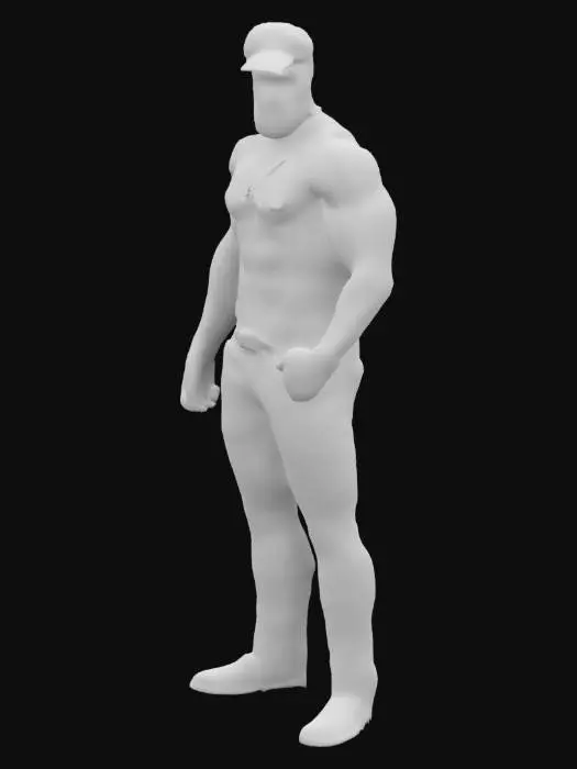 3D model for Hirsute Dark Haired Muscular Masculine Leather Man wearing Leather cap and a chain leather harness in the style of Tom of Finland with large well defined upper body but less muscular lower body wearing tight trousers in a sexy pose. 