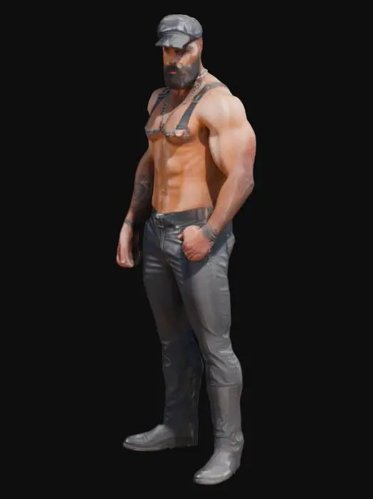 3D model for Hirsute Dark Haired Muscular Masculine Leather Man wearing Leather cap and a chain leather harness in the style of Tom of Finland with large well defined upper body but less muscular lower body wearing tight trousers in a sexy pose. 