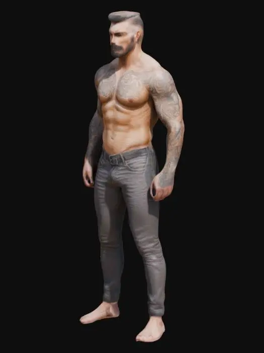 3D model for Hirsute Slim Muscular Masculine Man with tattoos in the style of Tom of Finland with slim well defined upper body but less wearing tight trousers in a sexy pose. 