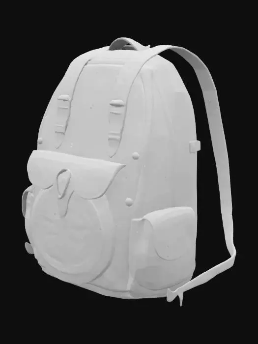 3D model for Magical backpack made from weathered leather, adorned with engravings of mystical symbols, nature, and geometric patterns. The top is secured by metal and leather straps and mystical runes. A blank round shape is attached to the front pocket to allow for personalisation. Functional side pockets feature detailed magical designs, combining mysticism and practicality, ideal for carrying large items.