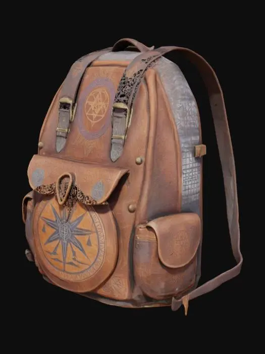 3D model for Magical backpack made from weathered leather, adorned with engravings of mystical symbols, nature, and geometric patterns. The top is secured by metal and leather straps and mystical runes. A blank round shape is attached to the front pocket to allow for personalisation. Functional side pockets feature detailed magical designs, combining mysticism and practicality, ideal for carrying large items.