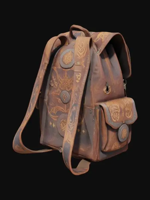 3D model for Magical backpack made from weathered leather, adorned with engravings of mystical symbols, nature, and geometric patterns. The top is secured by metal and leather straps and mystical runes. A blank round shape is attached to the front pocket to allow for personalisation. Functional side pockets feature detailed magical designs, combining mysticism and practicality, ideal for carrying large items.