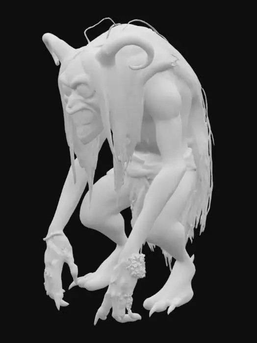 3D model for Jinny Greenteeth is a Grindylow from Lancashire folklore:

Appearance
Skin: Slimy, algae-covered greenish skin, mottled with darker patches like pond scum.
Hair: Long, stringy, and wet, resembling water weeds or rotting reeds.
Face: Gaunt and sunken, with glowing yellow or greenish eyes (sometimes described as bulbous like a frog’s).
Teeth: Jagged, yellow-green, and sharp, often covered in algae or dripping with murky water.
Limbs: Long, sinewy arms with clawed, webbed fingers; legs may be stunted or frog-like, suited for lurking in water.

Posture: Hunched or crouching, as if ready to spring from a rock or log she is perched on, grinning menacingly..
Additional Features: Barnacles, moss, or leeches clinging to her skin; tattered rags or swamp plants draped over her body.