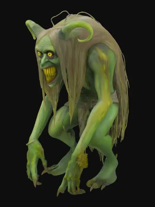 3D model for Jinny Greenteeth is a Grindylow from Lancashire folklore:

Appearance
Skin: Slimy, algae-covered greenish skin, mottled with darker patches like pond scum.
Hair: Long, stringy, and wet, resembling water weeds or rotting reeds.
Face: Gaunt and sunken, with glowing yellow or greenish eyes (sometimes described as bulbous like a frog’s).
Teeth: Jagged, yellow-green, and sharp, often covered in algae or dripping with murky water.
Limbs: Long, sinewy arms with clawed, webbed fingers; legs may be stunted or frog-like, suited for lurking in water.

Posture: Hunched or crouching, as if ready to spring from a rock or log she is perched on, grinning menacingly..
Additional Features: Barnacles, moss, or leeches clinging to her skin; tattered rags or swamp plants draped over her body.