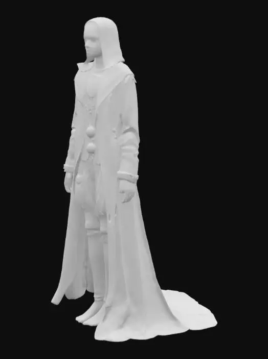 3D model for "Create a Victorian-era Feorin, an eerie supernatural being from Lancashire folklore. Its form is humanoid but elongated and ethereal, draped in tattered 19th-century attire with intricate silver-thread sigils. Its skin resembles aged bark or moss-covered stone, blending into mist-laden moors. Eyes glow faintly from deep-set sockets, exuding an unsettling yet regal presence. Brass filigree adorns its limbs, remnants of a forgotten era. It moves with unnatural grace, surrounded by cold mist and spectral flickers. Lighting should evoke gaslit streets fading into twilight, capturing its haunting beauty and ancient mystique."