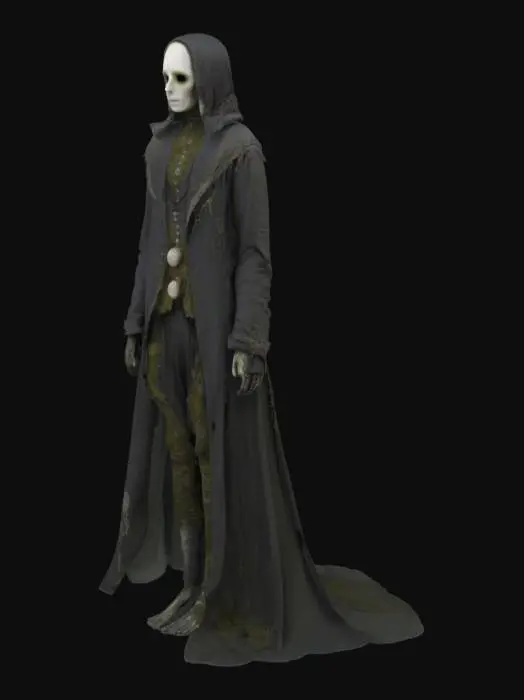 3D model for "Create a Victorian-era Feorin, an eerie supernatural being from Lancashire folklore. Its form is humanoid but elongated and ethereal, draped in tattered 19th-century attire with intricate silver-thread sigils. Its skin resembles aged bark or moss-covered stone, blending into mist-laden moors. Eyes glow faintly from deep-set sockets, exuding an unsettling yet regal presence. Brass filigree adorns its limbs, remnants of a forgotten era. It moves with unnatural grace, surrounded by cold mist and spectral flickers. Lighting should evoke gaslit streets fading into twilight, capturing its haunting beauty and ancient mystique."