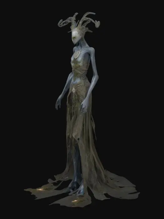 3D model for "Create a Victorian-era Feorin, an eerie supernatural being from Lancashire folklore. Its form is humanoid but elongated and ethereal, draped in tattered 19th-century attire with intricate silver-thread sigils. Its skin resembles aged bark or moss-covered stone, blending into mist-laden moors. Eyes glow faintly from deep-set sockets, exuding an unsettling yet regal presence. Brass filigree adorns its limbs, remnants of a forgotten era. It moves with unnatural grace, surrounded by cold mist and spectral flickers. Lighting should evoke gaslit streets fading into twilight, capturing its haunting beauty and ancient mystique."