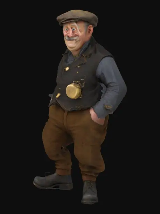 3D model for "Create a detailed 3D model of a Lancashire Hob, a small, endearing household spirit with steampunk charm. The Hob is squat and sturdy, with deep-set, gleaming eyes and a mischievous grin beneath a soot-smudged cap. Its attire blends Victorian practicality with subtle brass details—patched trousers, a waistcoat with worn brass buttons, and black leather clogs with wood soles.

A tarnished pocket watch dangles from its belt, hinting at an unusual sense of time. Its dexterous hands bear faint smudges of oil and flour, showing its skill in both tinkering and baking. Fine gears are subtly woven into its garments, reflecting an uncanny knack for fixing broken objects. The lighting should evoke warm hearth glow against brass and aged wood, blending Lancashire folklore with Victorian ingenuity."