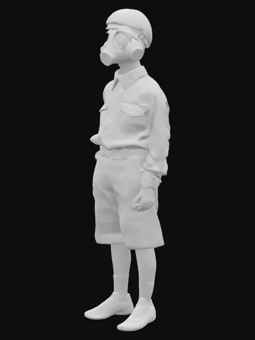 3D model for NPC Character, 1940s British schoolboy in dark grey school uniform wearing a full face gas mask and air raid helmet. Standing up straight. Realistic.