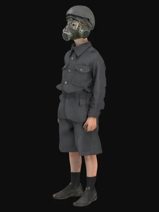 3D model for NPC Character, 1940s British schoolboy in dark grey school uniform wearing a full face gas mask and air raid helmet. Standing up straight. Realistic.
