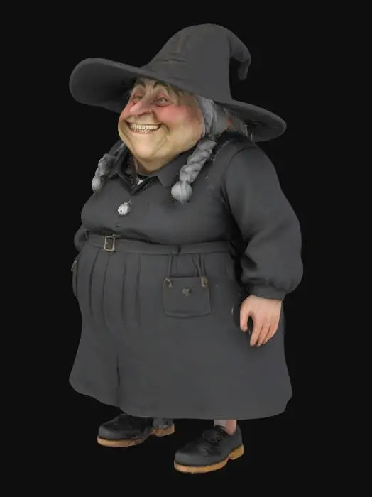 3D model for Nanny Ogg is a short, stout, matronly witch with grey hair in plaits sticking out from either side of her head and an almost permanent grin showing off her single tooth. Wearing practical black clothing as would be expected of a Lancre witch, she can also be seen putting an apron on when she needs to. Friendly and amiable to everyone including her 15 grown up children, she is however the terror of her many daughters-in-law. Known for her willingness to burst into bawdy and inappropriate songs, she travels under her large witches hat that has multiple pockets, compartments, bottles and other bits attached.

NPC, Character Fantasy Witch Stylised Female Discworld Pratchett