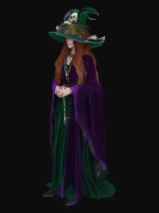 3D model for Magrat Garlick makes the third of the original coven. Unlike the others she is caught by the romantic idea of witches in connection to the land. She wears long, flowing green and purple velvet dresses strewn wearing lots of silver jewellery and foci of a magical bent. Feathers, skulls, gems and interesting shaped rocks. She's an attractive woman in her mid-late twenties with long brown hair that looks a bit messy no matter how much time she spends styling it with flowers. Her witches hat is decorated with mystic symbols and much more intricate than those of her fellow witches. She can usually be found with a book in hand trying to calculate the right amount of fairy dust vs old man's tears.

NPC, Character Fantasy Witch Stylised Female Discworld Pratchett