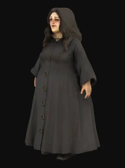 3D model for Agnes Nitt (aka Perdita X Dream) is a young (late teens/early twenties) large size and imposing figured Lancre witch often described as "round" or "big boned". She has a pleasant, friendly and earnest face framed by dark brown hair. An amazing singer, she dresses in traditional witches black with consideration for ease and comfort. She is highly conscious of her striking form meaning that she works hard to dress in a way that lets her blend into the background and crowd. But there's a glint in her eye, a defiance that shows her inner Perdita, an aloof, confident person with a strong sense of drama.

NPC, Character Fantasy Witch Stylised Female Discworld Pratchett