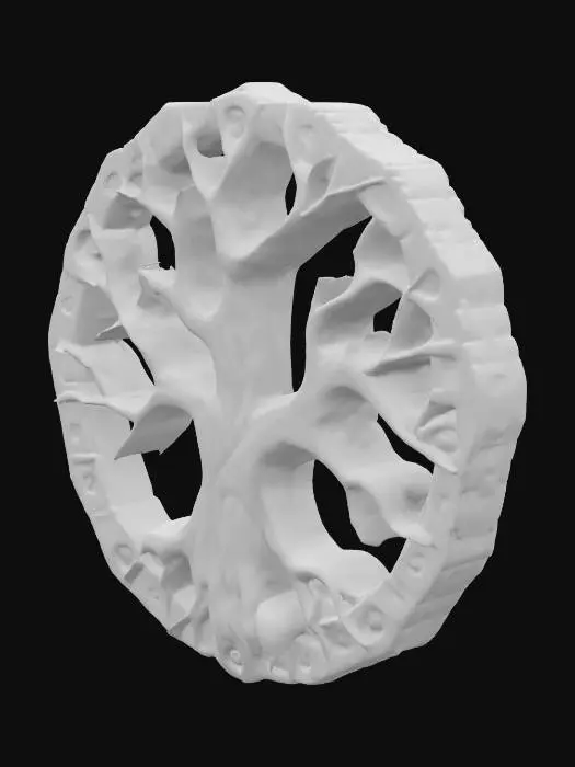 3D model for stylised lovecraftian elder sign of a branch made out of glowing heated hammered iron that looks like it has just come out of a forge. #emblem#