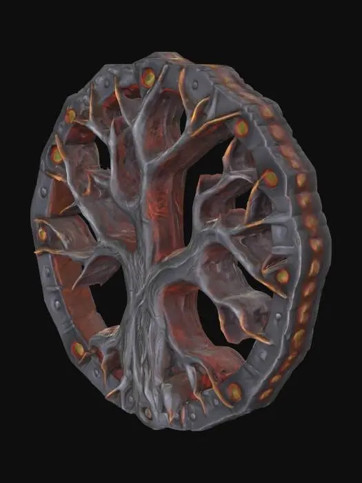 3D model for stylised lovecraftian elder sign of a branch made out of glowing heated hammered iron that looks like it has just come out of a forge. #emblem#