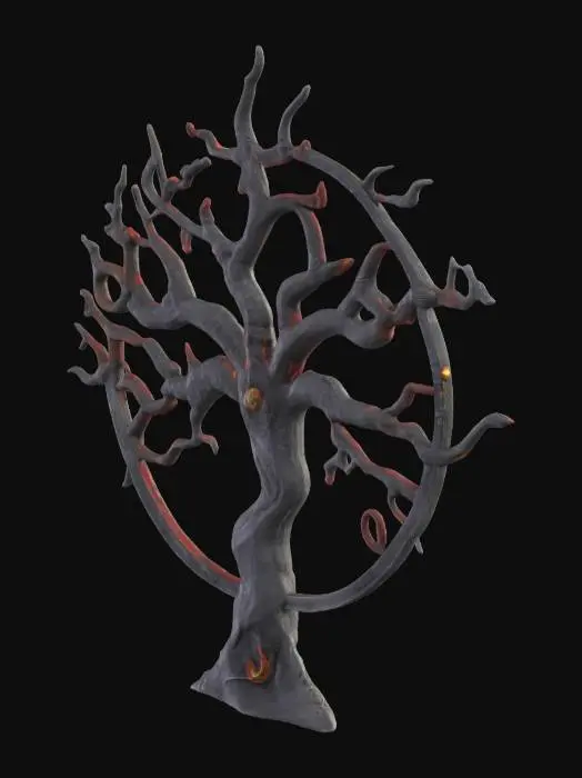 3D model for stylised lovecraftian elder sign of a branch made out of glowing heated hammered iron that looks like it has just come out of a forge. #emblem#