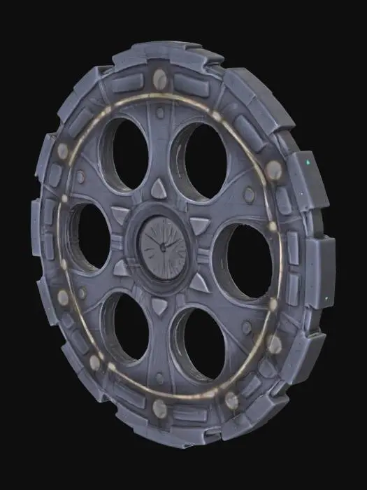 3D model for Sci-fi symbol representing an ancient secret race of Time Travellers. The symbol should focus on the idea of time as a network of nodes or a nexus point and should be in black with glowing white details. The overall effect of the symbol should be of a stylised futuristic shape.

#emblem#