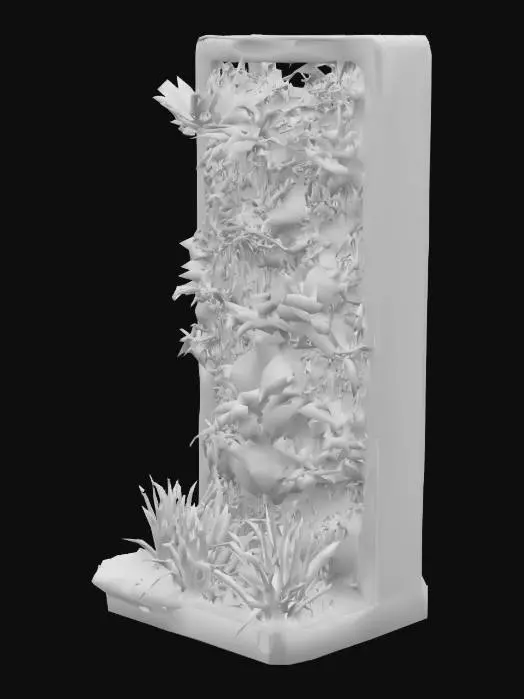 3D model for Sci-fi futuristic Vertical living wall with a variety of plants and grasses growing on it set in a square Neon edged metal frame in a realistic style.