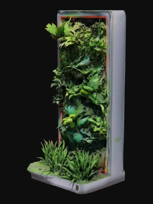 3D model for Sci-fi futuristic Vertical living wall with a variety of plants and grasses growing on it set in a square Neon edged metal frame in a realistic style.