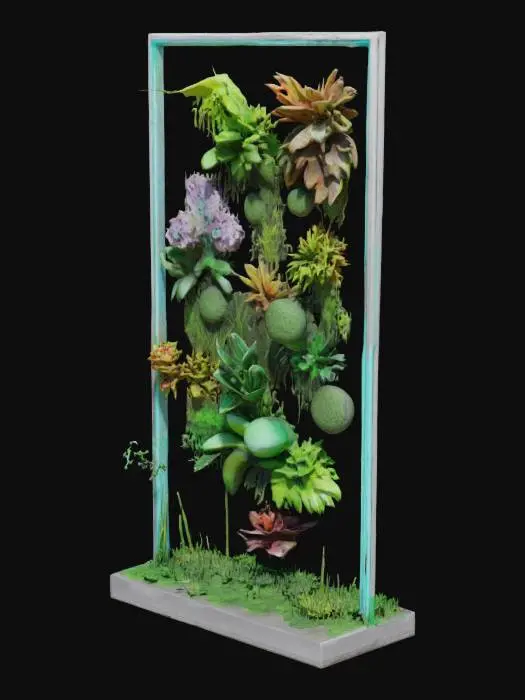 3D model for Sci-fi futuristic Vertical living wall with a variety of plants and grasses growing on it set in a square Neon edged metal frame in a realistic style.
