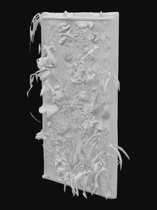 3D model for Sci-fi futuristic Vertical living wall with a variety of plants and grasses growing on it set in a square Neon edged metal frame in a realistic style.