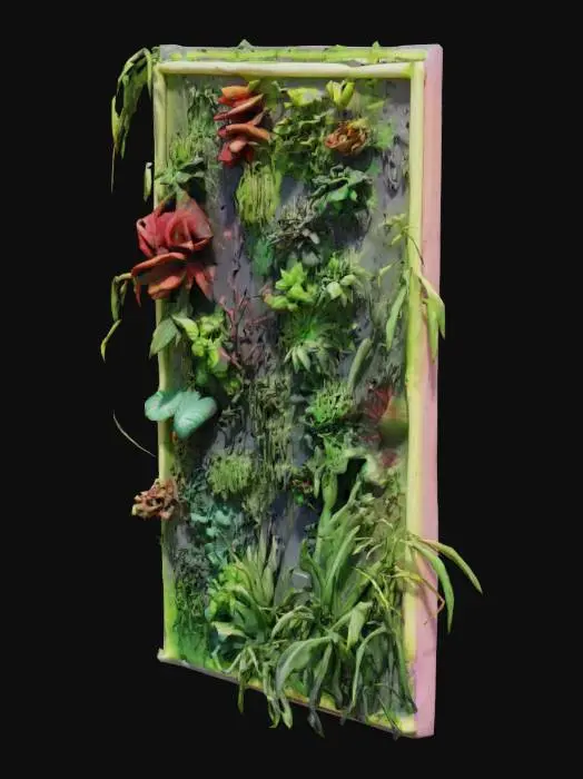 3D model for Sci-fi futuristic Vertical living wall with a variety of plants and grasses growing on it set in a square Neon edged metal frame in a realistic style.