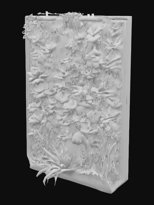 3D model for Sci-fi futuristic Vertical living wall with a variety of plants and grasses growing on it set in a square Neon edged metal frame in a realistic style.