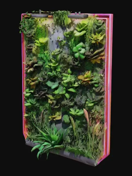 3D model for Sci-fi futuristic Vertical living wall with a variety of plants and grasses growing on it set in a square Neon edged metal frame in a realistic style.