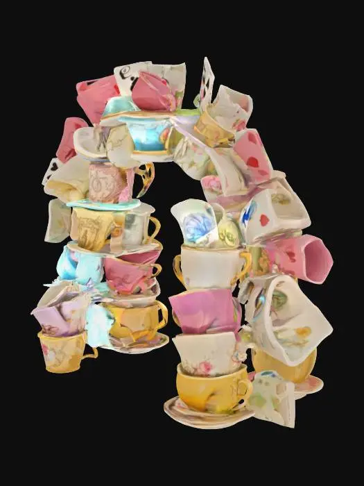 3D model for Alice in Wonderland inspired #arch# made from teacups and cards stacked and leaning against each other. 